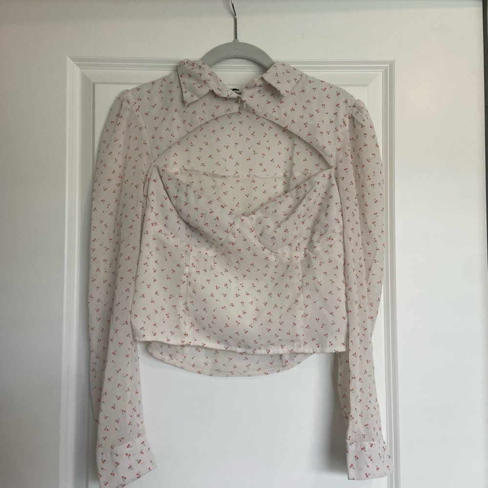 Women's White Cherry Print Cutout Long-Sleeve Top